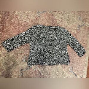 Eileen fisher ribbon tape knit sweater 3/4 sleeve boxy black & white sweater sm